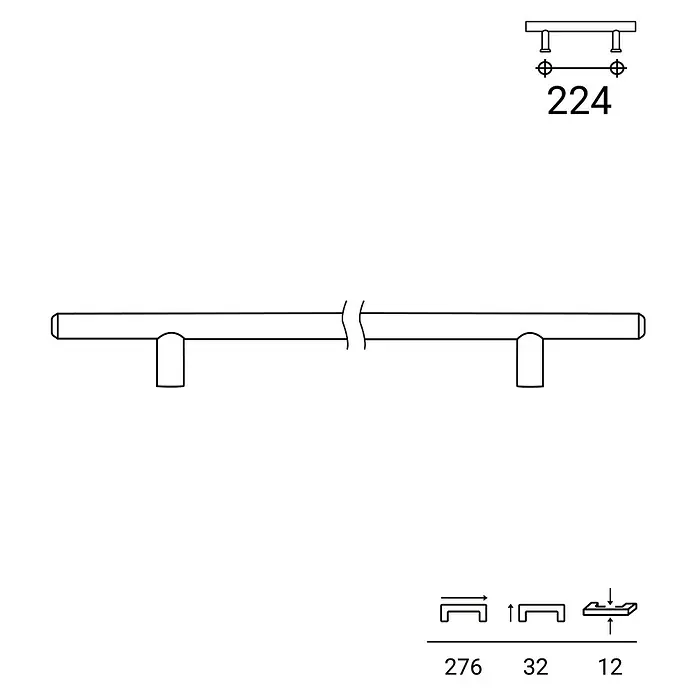 Rei Möbelgriff - Lochabstand: 224 mm, Stahl, Edelstahl, Rund, L x B x H: 276 x 12 x 32 mm - Technisches Zeichnung eines geraden Bügelgriffs mit 224mm Lochabstand, 276mm Länge, 32mm Ausladung und 12mm Durchmesser.