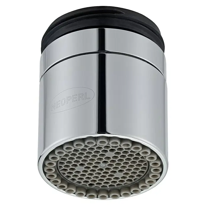 Neoperl Strahlregler Varioduo - M22/M24, 5,7 l/min - Verchromter Neoperl Wasserstrahlregler mit schwarzem Gummioberteil und grauem, sechseckigem Durchflussregler.
