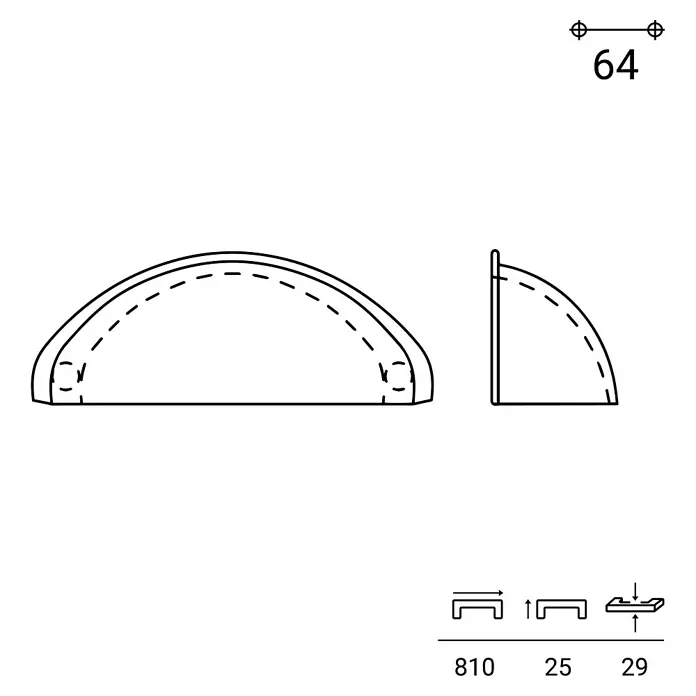 Rei Möbelgriff - Lochabstand: 64 mm, Sonstige, Nickel, L x B x H: 80 x 29 x 25 mm - Technisches Datenblatt eines halbkreisförmigen Griffs, mit Ansichten und Hauptmaßen: 64, 810, 25, 29.