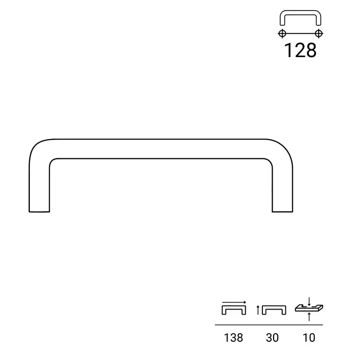 Rei Möbelgriff - Lochabstand: 160 mm, Sonstige, Weiß, L x B x H: 138 x 10 x 30 mm - Zeichnung eines U-förmigen Griffs mit 128 mm Lochabstand. Gesamtmaße: 138x30x10 mm.
