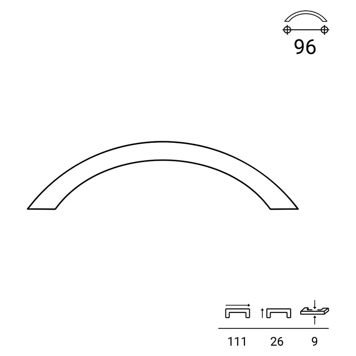 Rei Möbelgriff - Lochabstand: 96 mm, Sonstige, Gold, L x B x H: 111 x 9 x 26 mm - Technische Zeichnung eines gebogenen Griffs mit Maßen: 111mm Länge, 26mm Höhe, 9mm Tiefe und 96mm Bohrabstand.
