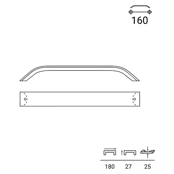 Rei Möbelgriff - Lochabstand: 160 mm, Aluminium, Schwarz, Gebogen - Gebogener Griff mit 160mm Bohrabstand. Maße: 180mm Länge, 27mm Höhe, 25mm Ausladung.