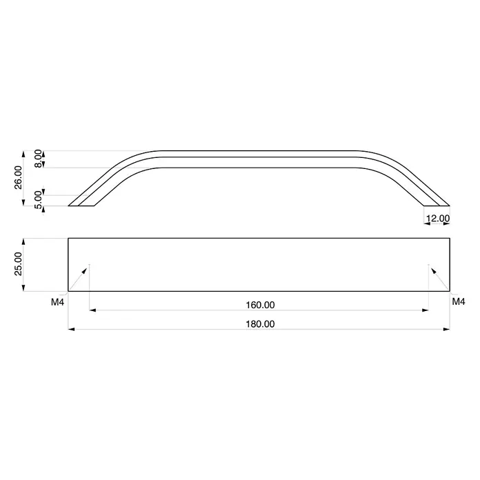 Rei Möbelgriff - Lochabstand: 160 mm, Aluminium, Aluminium, Gebogen - Gebogener Metallgriff, 180mm Gesamtlänge, mit M4 Befestigungslöchern im Abstand von 160mm.