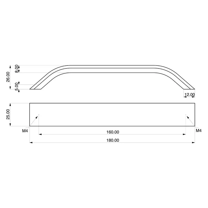 Rei Möbelgriff - Lochabstand: 160 mm, Aluminium, Weinrot, Gebogen - Technische Zeichnung eines Doppelstangengriffs, 180mm lang, 26mm hoch, mit M4-Befestigungslöchern.