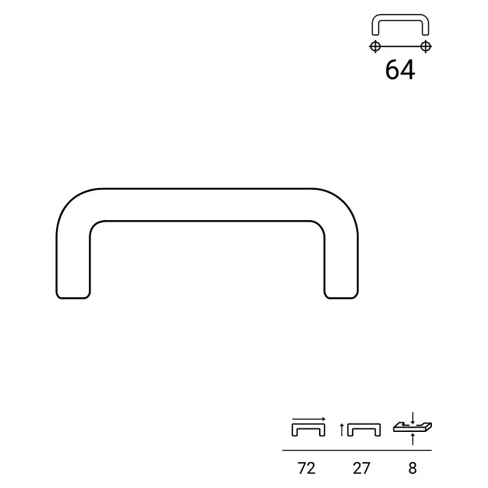 Rei Möbelgriff - Lochabstand: 64 mm, Sonstige, Weiß, L x B x H: 72 x 8 x 27 mm - Technische Zeichnung eines U-förmigen Griffbügels mit Maßen: Lochabstand 64mm, Länge 72mm, Ausladung 27mm, Stärke 8mm.