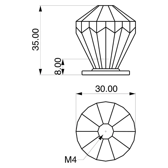 Rei Möbelknopf - Durchmesser: 31 mm, Gold/ Transparent - Technische Zeichnung eines rautenförmigen Knaufs mit M4-Gewinde. Maße: 35 mm Höhe, 30 mm Durchmesser.