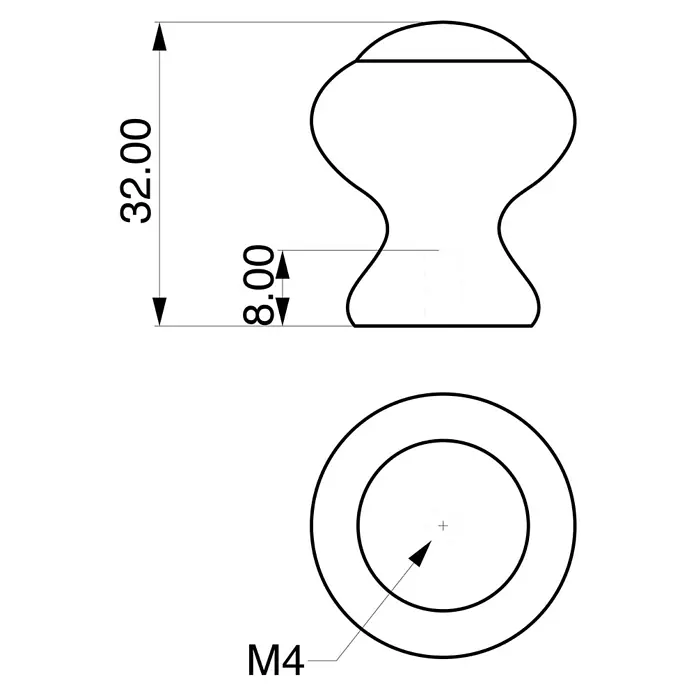 Rei Möbelknopf - Durchmesser: 29 mm, Holz, Buche - Technische Zeichnung eines Möbelknaufs mit dekorativem, gebogenem Profil, 32 mm Höhe und M4-Befestigungsgewinde.