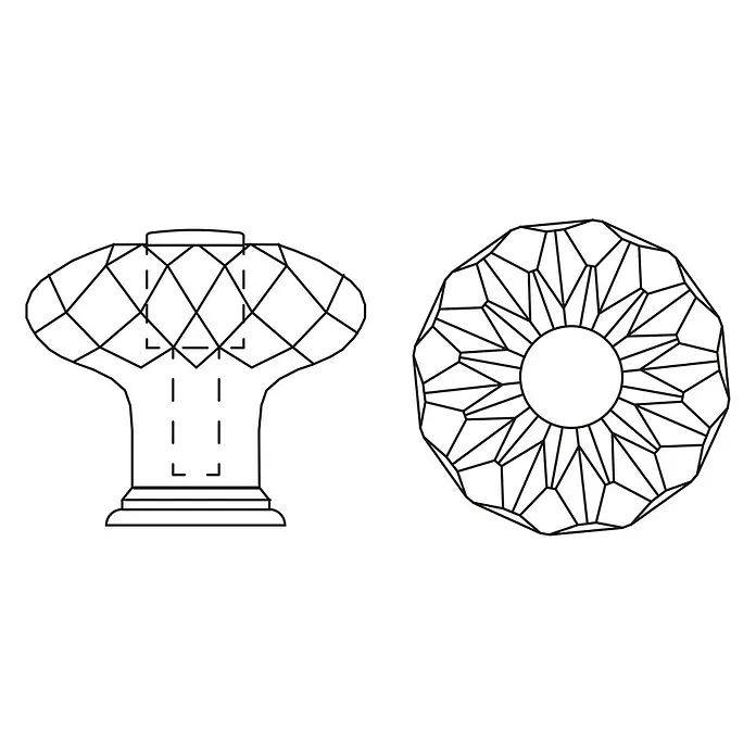 Rei Möbelknopf - Durchmesser: 29 mm, Gold/ Transparent - Detaillierte Strichzeichnungen eines klaren, facettierten Kristallknaufs mit Seiten- und Draufsicht und komplexen geometrischen Schnitten.