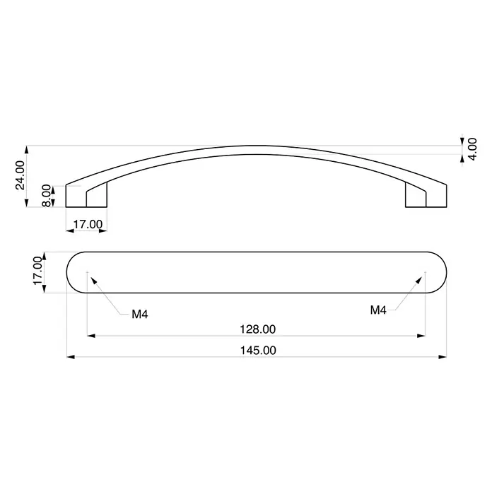 Rei Möbelgriff - Lochabstand: 128 mm, Aluminium, Nickel, Klassisch - Technische Zeichnung eines gebogenen Möbelgriffs mit M4-Schraubenlöchern und Maßangaben.