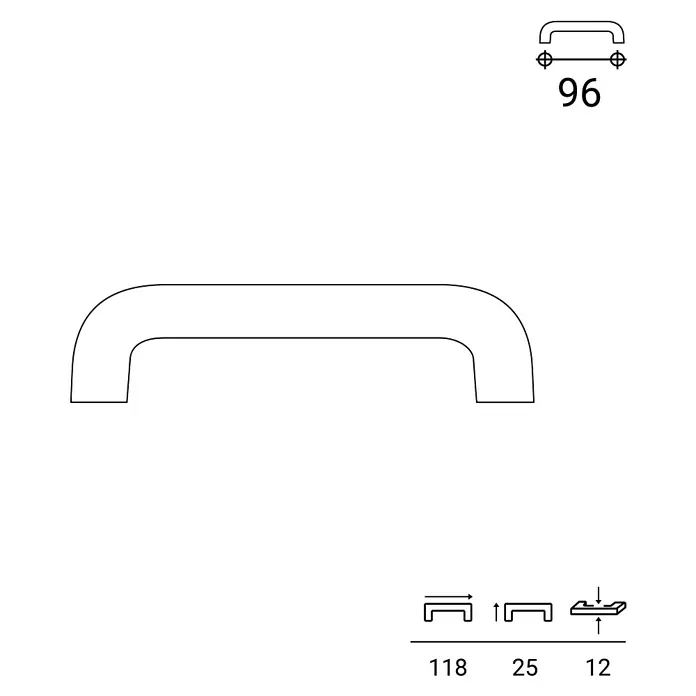 Rei Möbelgriff - Lochabstand: 96 mm, Holz, Eiche - U-förmiger Möbelgriff. Maße: 118mm Gesamtlänge, 96mm Bohrabstand, 25mm Ausladung, 12mm Höhe.
