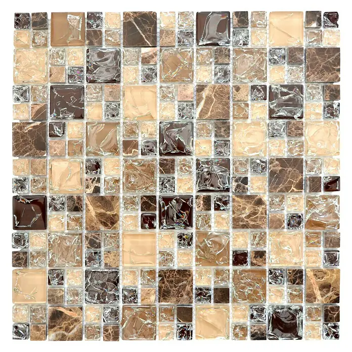 Mosaikfliese Crystal Mix XIC K1455 - 30,5 x 30,5 cm, Dunkelbraun, Glänzend - Hochwertige Mosaikfliese in verschiedenen Brauntönen mit Marmor- und Glaseffekten. Ideal für stilvolle Wandverkleidungen in Küche und Bad.