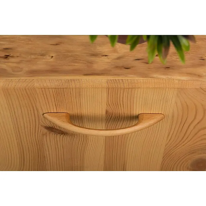 Rei Möbelgriff - Lochabstand: 96 mm, Holz, Buche - Helle Holzschubladenfront mit gebogenem Holzgriff und sichtbarer Maserung.