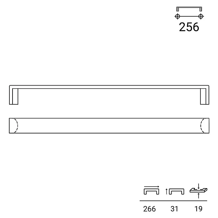 Rei Möbelgriff - Lochabstand: 256 mm, Aluminium, Schwarz, L x B x H: 264 x 18 x 23 mm - Technisches Datenblatt eines Möbelgriffs mit Maßen: 266mm Länge, 256mm Lochabstand, 31mm Höhe, 19mm Breite.