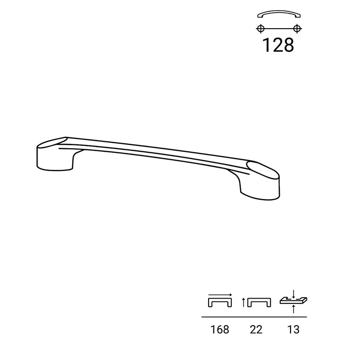 Rei Möbelgriff - Lochabstand: 128 mm, Sonstige, Chrom, Glänzend - Gebogener Möbelgriff, Lochabstand 128mm, Gesamtlänge 168mm.