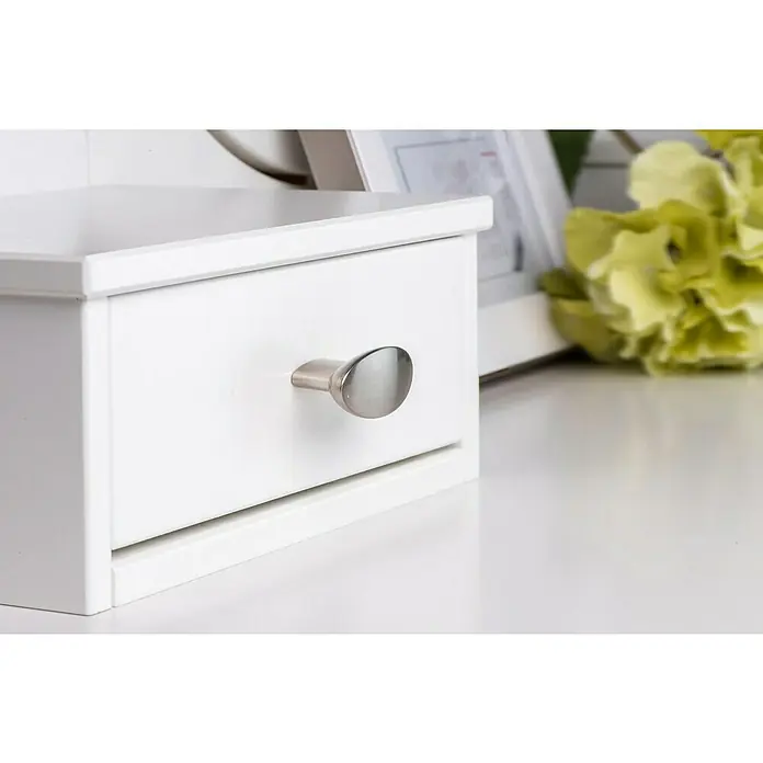Rei Möbelknopf - Durchmesser: 19 mm, Nickel, L x H: 40 x 24 mm - Weißer Schubladenauszug mit silberfarbenem, gebürstetem Metallknauf.