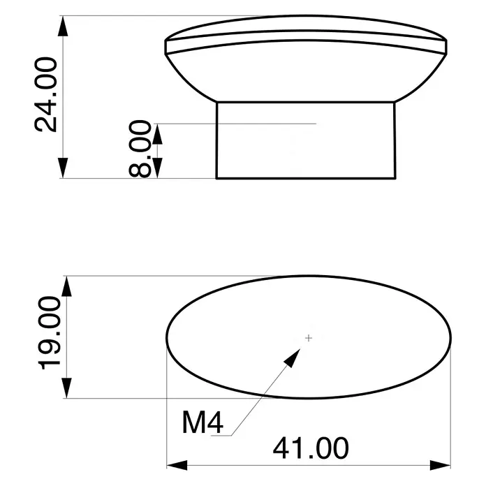 Rei Möbelknopf - Durchmesser: 19 mm, Schwarz, L x H: 40 x 24 mm - Technisches Zeichnung eines ovalen Möbelknaufs mit M4-Gewinde und Abmessungen: 41x19x24mm (LxBxH).