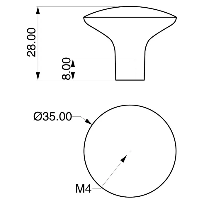 Rei Möbelknopf - Durchmesser: 35 mm, Nickel - Technische Zeichnung eines Möbelknaufs, Ø 35mm, 28mm hoch, mit M4-Gewinde.