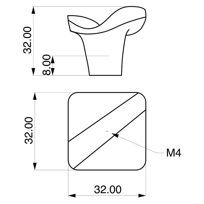 Rei Möbelknopf - Durchmesser: 32 mm, Schwarz - Technisches Diagramm eines 32x32mm quadratischen Griffs mit welligem Oberteil und M4-Gewindeeinsatz. Gesamthöhe 32mm.