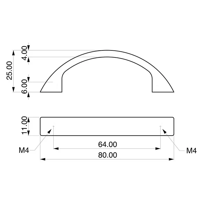 Rei Möbelgriff - Lochabstand: 64 mm, L x B x H: 80 x 11 x 24 mm, Chrom, Matt - Technische Zeichnung eines gebogenen Zuggriffs mit M4-Befestigungslöchern, 80 mm Gesamtlänge und 64 mm Lochabstand.
