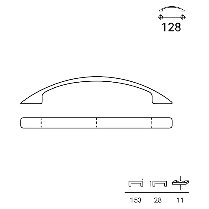 Rei Möbelgriff - Lochabstand: 128 mm, L x B x H: 153 x 11 x 28 mm, Chrom, Matt - Gebogener Griff mit 128mm Bohrabstand. Gesamtlänge 153mm, 28mm Ausladung, 11mm Höhe.
