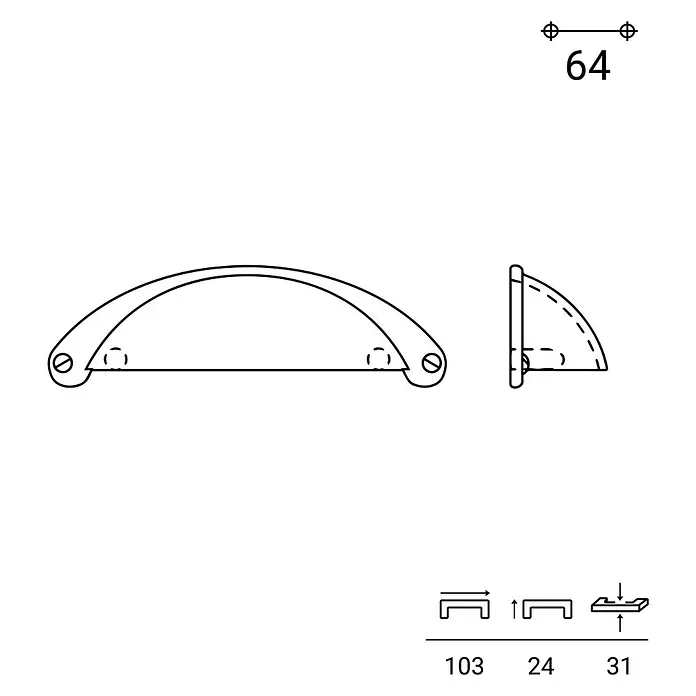 Rei Möbelgriff - Lochabstand: 64 mm, Sonstige, Chrom - Technisches Diagramm eines halbkreisförmigen Schalengriffs mit Vorder-, Seitenansicht und Maßen.