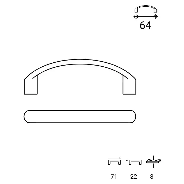 Rei Möbelgriff - Lochabstand: 64 mm, Sonstige, Schwarz, L x B x H: 71 x 8 x 22 mm - Technisches Datenblatt eines gebogenen Möbelgriffs, zeigt Design und Maße wie 64mm Bohrlochabstand, 71x22x8mm.