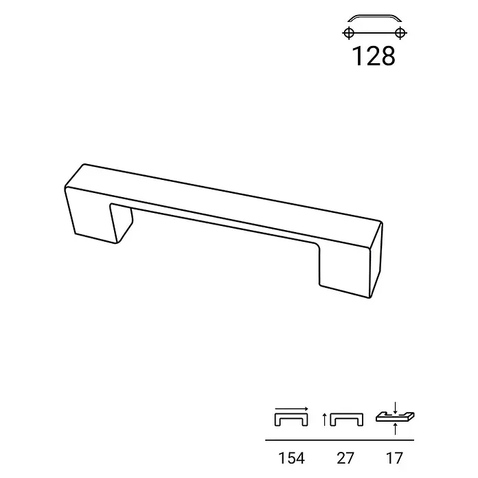 Rei Möbelgriff - Lochabstand: 128 mm, Sonstige, Gold, L x B x H: 154 x 17 x 27 mm - Technisches Zeichnung eines modernen rechteckigen Möbelgriffs. Gesamtlänge 154mm, Bohrabstand 128mm, Höhe 27mm, Tiefe 17mm.