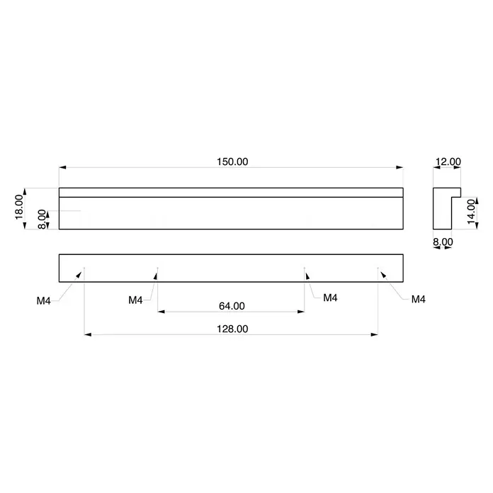 Rei Möbelgriff - Lochabstand: 128 mm, Aluminium, Schwarz, Industrie, L x B x H: 150 x 11 x 17 mm - Abgesetzte Metallprofilstange mit vier M4-Gewindebohrungen.