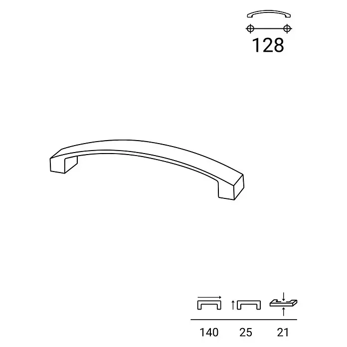 Rei Möbelgriff - Lochabstand: 128 mm, Aluminium, Nickel, Trend - Gekrümmter Möbelgriff mit 128mm Lochabstand. Maße: 140mm Gesamtlänge, 25mm Breite, 21mm Höhe.