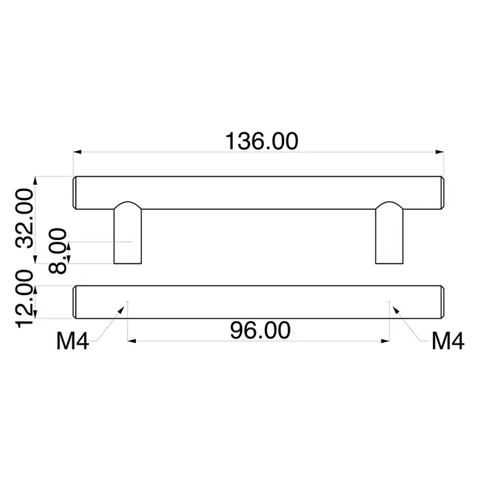 Rei Möbelgriff - Lochabstand: 96 mm, Stahl, Schwarz, Rund, L x B x H: 136 x 12 x 32 mm - Technische Zeichnung eines T-Stangengriffs, 136mm lang mit 96mm Lochabstand, M4-Schrauben und 32mm Überstand.
