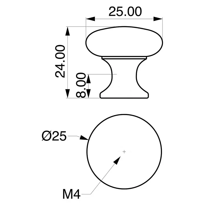 Rei Möbelknopf - Durchmesser: 25 mm, Vernickelt, Nickel - Technische Zeichnung eines runden Möbelknaufs, Ø 25mm, 24mm hoch, mit M4-Gewindeeinsatz zur Befestigung.