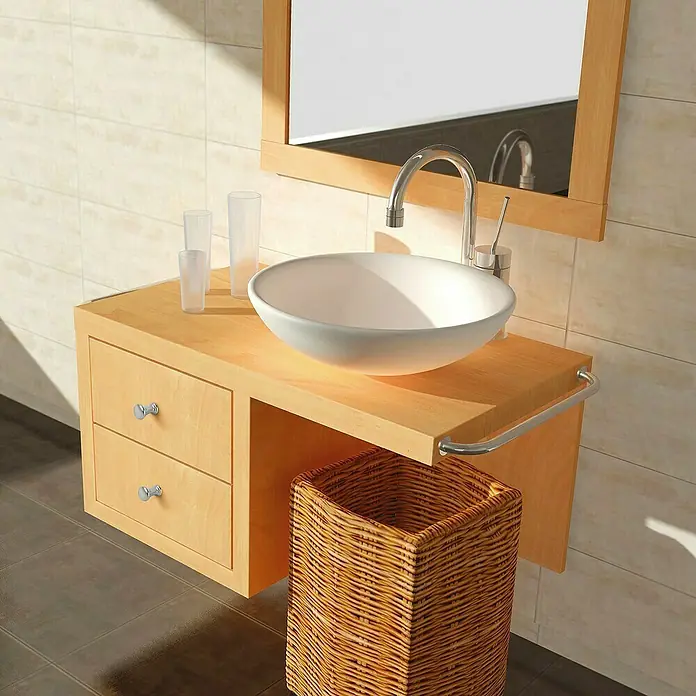 Rei Möbelknopf - Durchmesser: 15 mm, Chrom, Glanzgrad: Glänzend - Heller Holzwaschtisch mit weißem Aufsatzwaschbecken, Chromarmatur, Spiegel und Weidenkorb darunter. Modernes Badinterieur.