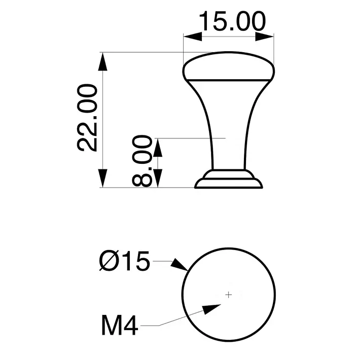 Rei Möbelknopf - Durchmesser: 15 mm, Chrom, Glanzgrad: Glänzend - Technische Zeichnung eines ausgestellten Knaufs/Griffs mit Maßen: 22mm Höhe, 15mm Durchmesser, M4 Gewinde.