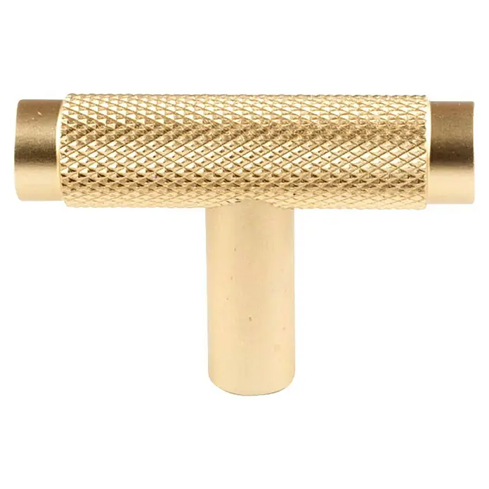 Rei Möbelknopf - Durchmesser: 12 mm, Aluminium, Gold - Messingfarbener T-Griff mit gerändelter Leiste und glattem Stiel.