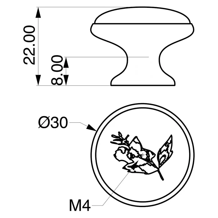 Rei Möbelknopf - Durchmesser: 29 mm, Porzellan, Antikes Messing - Technische Zeichnung eines dekorativen Möbelknaufs mit Blumenmuster, Ø30mm und 22mm hoch, mit M4-Gewinde.