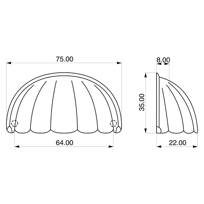 Rei Möbelgriff - Lochabstand: 64 mm, Sonstige, Antikes Messing, L x B x H: 75 x 34 x 20 mm - Geriffelte halbrunde Griffschale, ein Möbelgriff mit detaillierten Maßen.