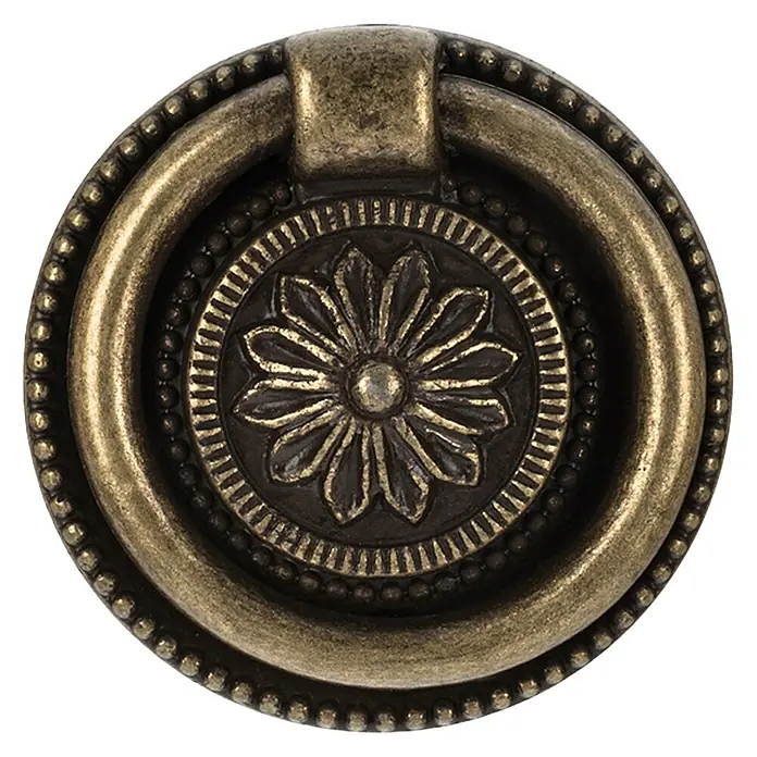 Rei Möbelknopf - Antikes Messing - Runder Ringgriff aus Antikmessing mit floralem Zierdesign in der Mitte.