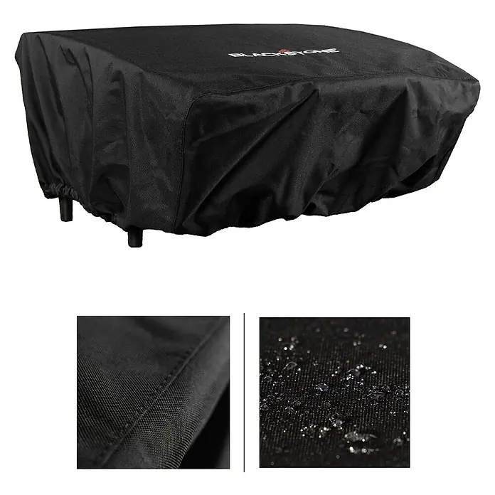Blackstone Grill-Schutzhülle - Passend für: Blackstone Plancha-Grill 22", Polyester - Schwarze, strapazierfähige Stoffabdeckung für einen Outdoor-Grill. Nahaufnahmen zeigen Stofftextur und wasserabweisende Oberfläche.