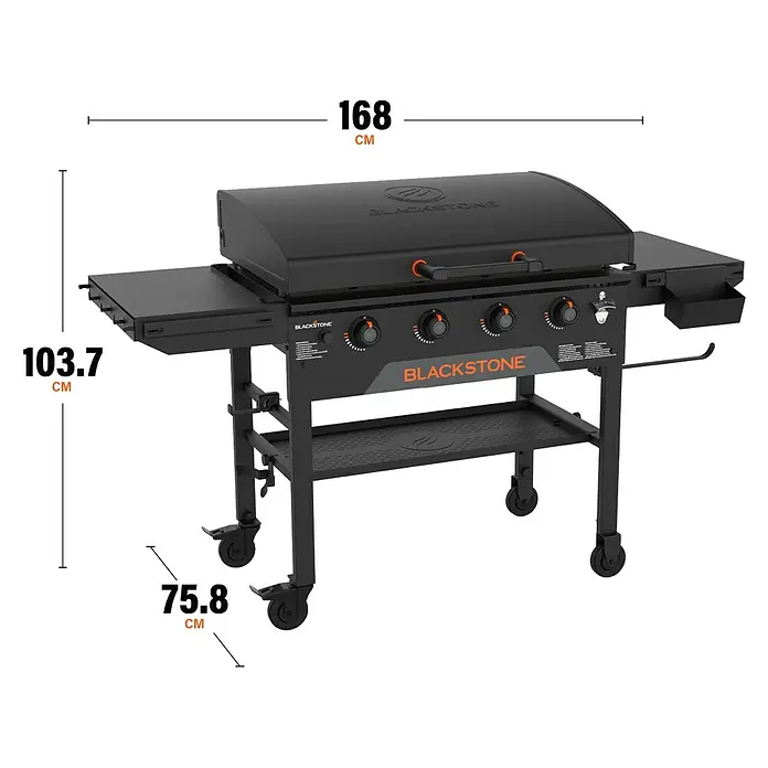 Blackstone Plancha Grill - Superficie de la parrilla (An x Pr): 91 x 55 cm, Negro, Número de quemadores: 4 ud. - Plancha exterior Blackstone negra con estantes laterales, cuatro quemadores y ruedas, mostrando dimensiones.