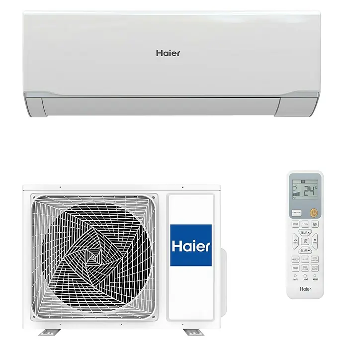 Haier Aire acondicionado Inverter Tide Premium - 2.600 W, 3.000 W, Tamaño de la estancia: 15 m² - 20 m² - Sistema de aire acondicionado split Haier blanco con unidad interior, exterior y mando a distancia.