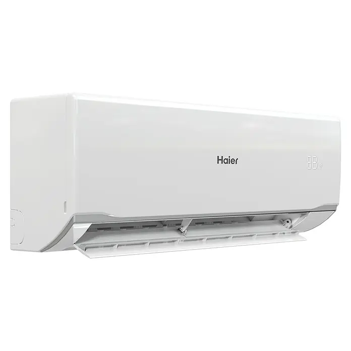 Haier Aire acondicionado Inverter Tide Premium - 2.600 W, 3.000 W, Tamaño de la estancia: 15 m² - 20 m² - Unidad interior de aire acondicionado Haier blanca con pantalla digital '88' y persiana abierta.