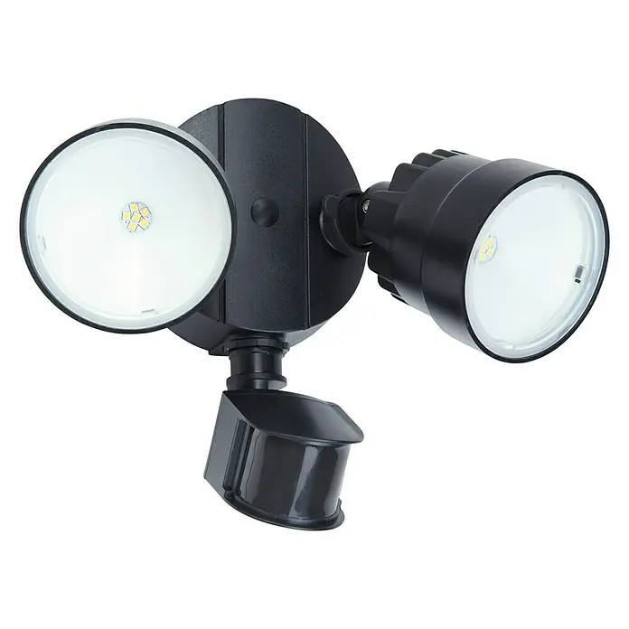 Lutec Aplique exterior LED con sensor LED Shrimp - 15 W, L x An x Al: 18,1 x 26,1 x 20,4 mm, Negro, Blanco frío - Foto detallada de una luz de seguridad LED negra con dos focos y un sensor de movimiento para uso en exteriores.