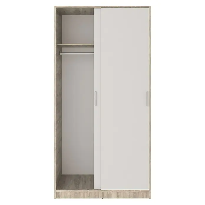 Meka Block Armario de puertas correderas K-511 - L x An x Al: 50 x 100 x 200 cm, Blanco Liso/Roble Cortez - Armario con marco de veta de madera clara y puertas correderas blancas. Una puerta está abierta, mostrando un estante y una barra.