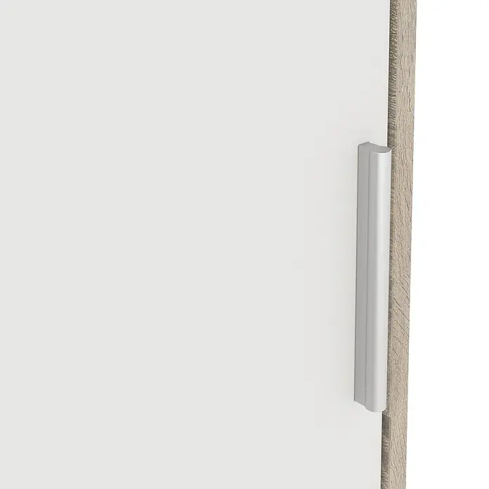 Meka Block Armario de puertas correderas K-511 - L x An x Al: 50 x 100 x 200 cm, Blanco Liso/Roble Cortez - Puerta de armario clara con tirador vertical plateado y borde con textura de madera clara.