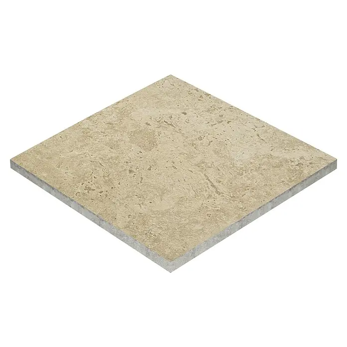 Corso Italia Terrassenfliese Pompei Aureo Crosscut - 60 x 60 cm, Beige, Matt - Strukturierte beigefarbene Travertinfliese, geeignet für Böden oder Wände.