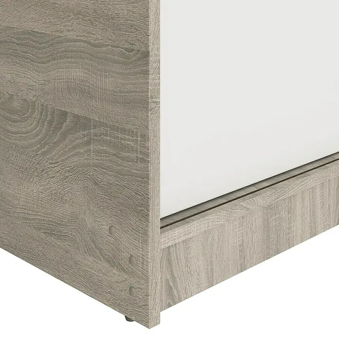 Meka Block Armario de puertas correderas K-511 - L x An x Al: 50 x 100 x 200 cm, Blanco Liso/Roble Cortez - Esquina de mueble de grano de madera gris claro con panel blanco.