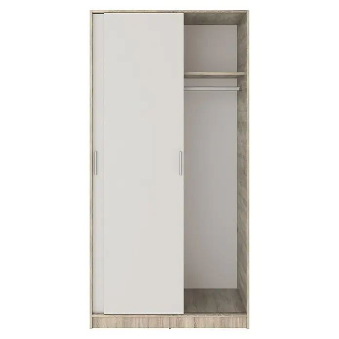Meka Block Armario de puertas correderas K-511 - L x An x Al: 50 x 100 x 200 cm, Blanco Liso/Roble Cortez - Armario blanco de puertas correderas con marco efecto madera clara, con sección abierta con balda y barra.