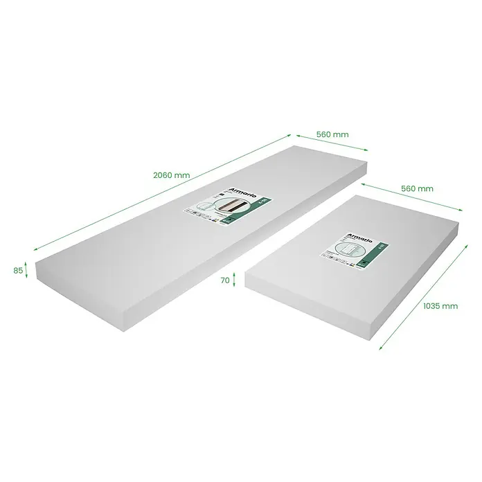 Meka Block Armario de puertas correderas K-511 - L x An x Al: 50 x 100 x 200 cm, Blanco Liso/Roble Cortez - Dos piezas de mobiliario blancas empaquetadas para un armario, etiquetadas 'Armario', con dimensiones.