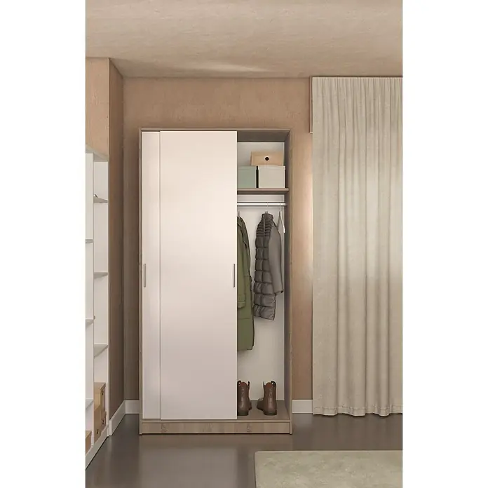 Meka Block Armario de puertas correderas K-511 - L x An x Al: 50 x 100 x 200 cm, Blanco Liso/Roble Cortez - Armario blanco y madera con puertas correderas, parcialmente abierto, mostrando abrigo, chaleco y botas.
