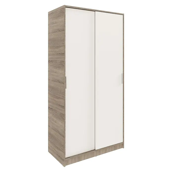 Meka Block Armario de puertas correderas K-511 - L x An x Al: 50 x 100 x 200 cm, Blanco Liso/Roble Cortez - Armario de dos puertas correderas blancas y estructura de madera clara. Incluye dos tiradores verticales plateados.